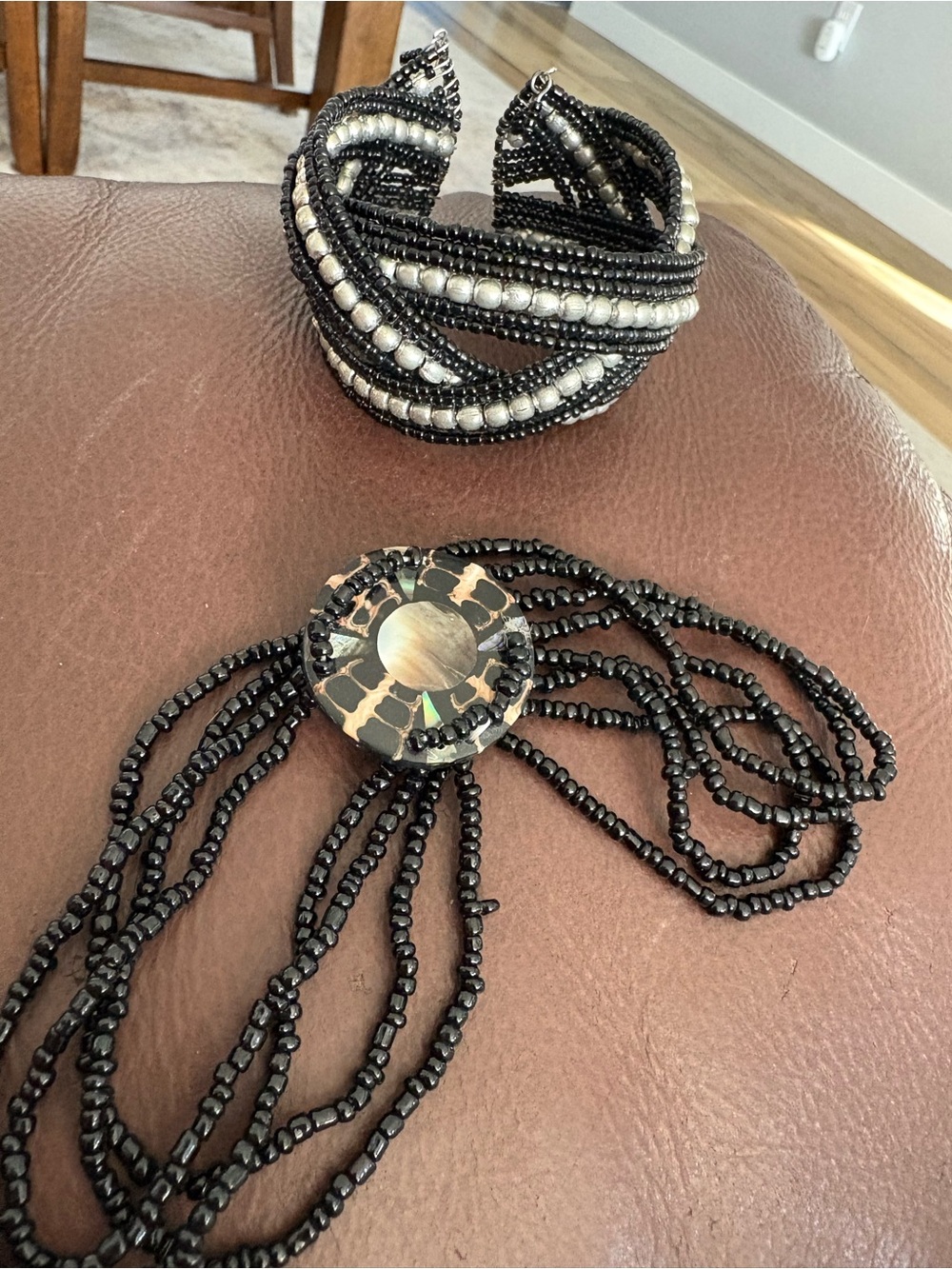 Boho Beaded Bracelet Lot Multi Strand Black Silver Cuff & Shell Focal Pair